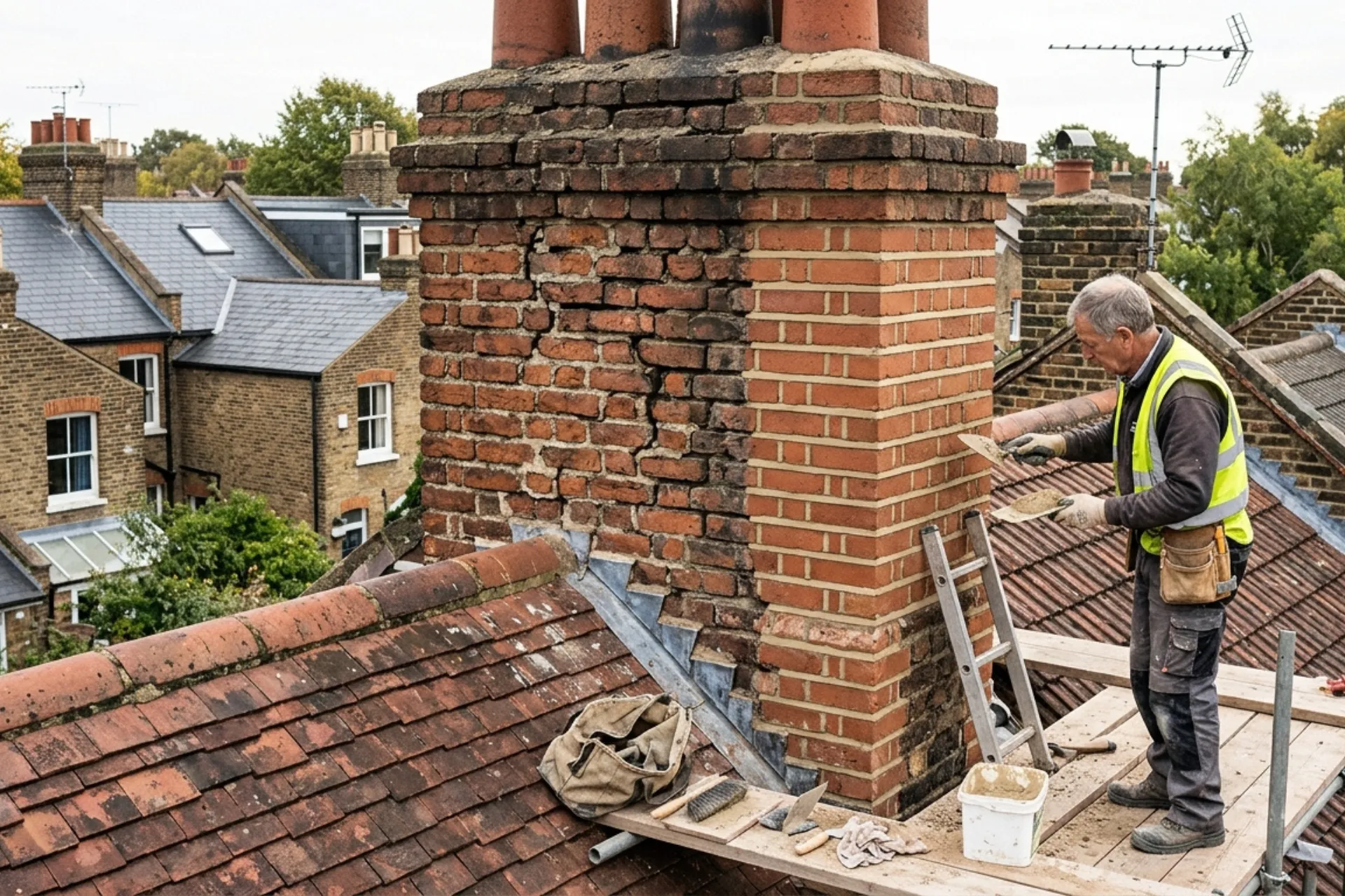Brick chimney repointing project with scaffolding on a London property