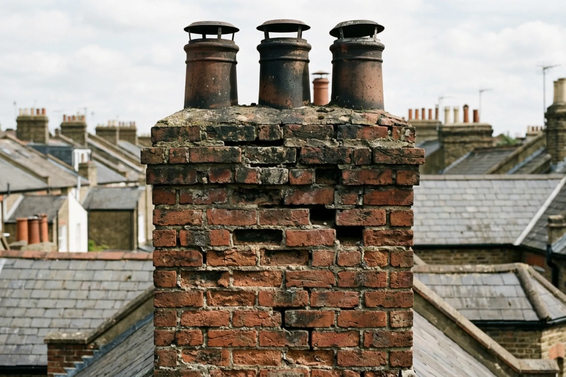 Crumbling mortar and open joints between bricks on an older London chimney stack