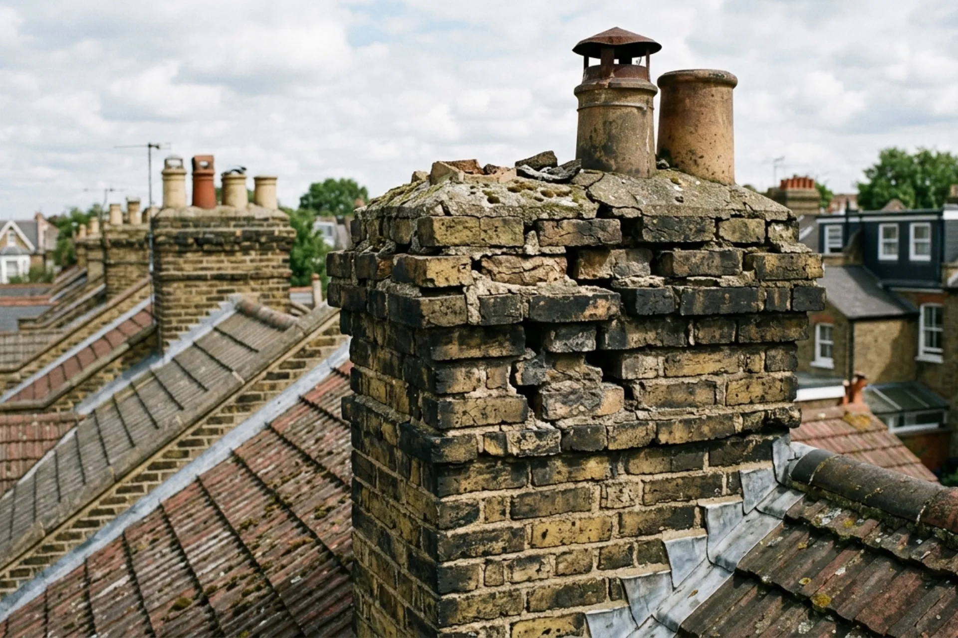 Damaged chimney stack with cracked mortar joints on a London roof